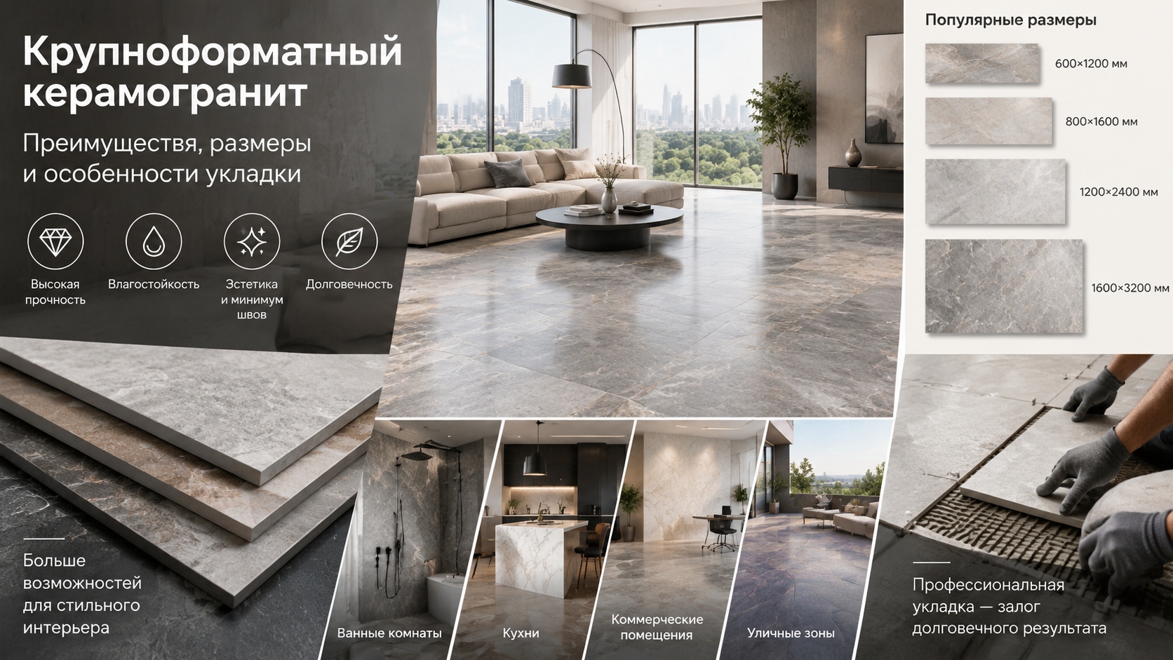Крупноформатный материал для интерьера: преимущества, размеры и правила укладки